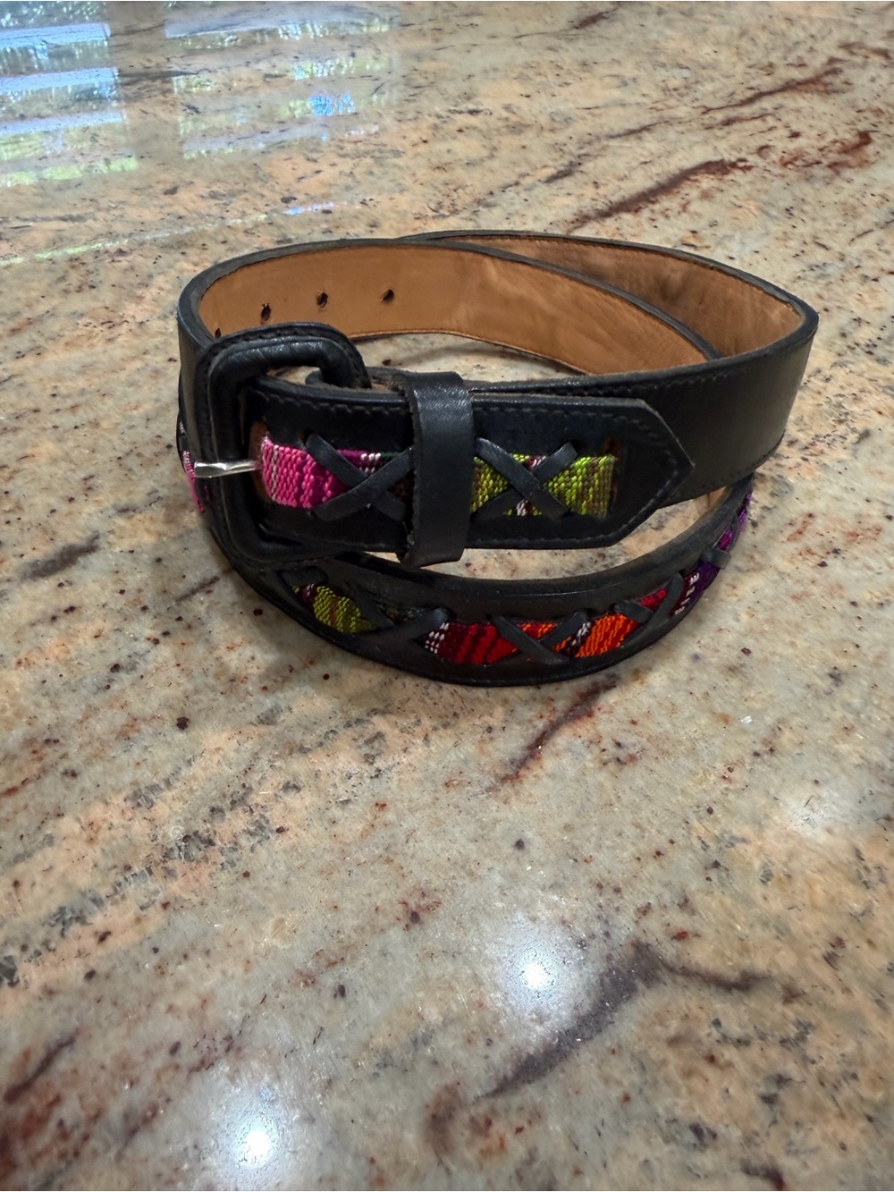 Handmade black leather belt with Multicolors woven throughout Size 38